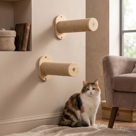 Arbre à chat mural, poteau à gratter en bois massif avec deux colonnes en sisal pour chats (1/4)