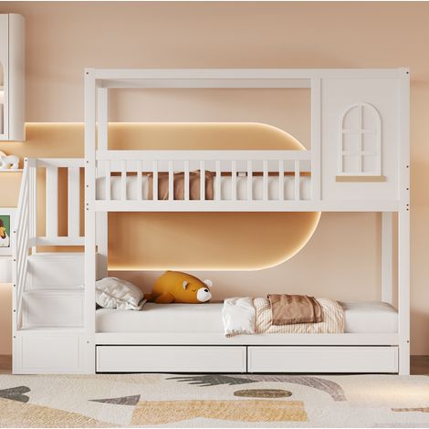 Kinder-Etagenbett 90 x 200 cm mit Schubladen und Aufbewahrungsleiter, weiß HAVRYA (1/5)