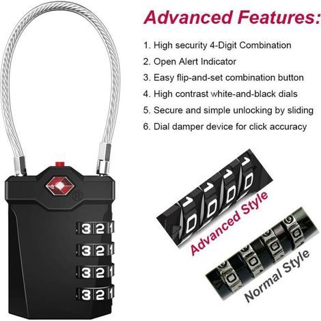 Cadenas de valise, cadenas à combinaison TSA à 4 chiffres avec alarme d'ouverture, cadenas de bagages de voyage avec câble flexible (pack de 2, noir et argent) (1/2)