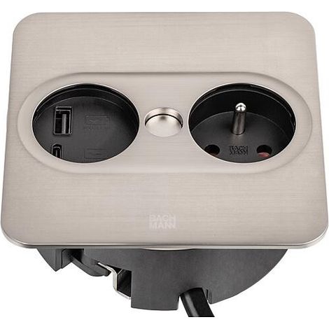 Borne prise encastrable carrée twist 2 - Décor : Inox - Version : 1 prise secteur + 1 USB 5 V - BACHMANN (1/3)