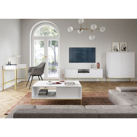 Wohnmöbel Set weiß, Fußgestell goldfarben, NEWCASTLE-160, 4-teilig inkl. Couchtisch (1/5)