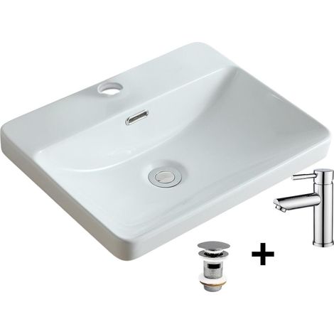 Rechteckiges Einbauwaschbecken 48x37 + Wasserhahn + LEA-Ablaufgarnitur