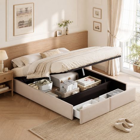 Lit plateforme 160 x 200 cm, lit double, avec stockage hydraulique et 2 tiroirs, lit rembourré, sans tête de lit, lit de rangement, avec sommier à lattes, lit pour adolescent, lit d'invité (1/5)