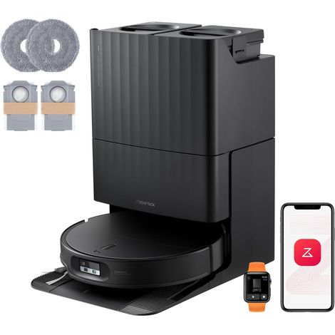 Robot Aspirateur Laveur, 25 000 Pa, 7,98cm Mince  Lavage des Serpillières à l'eau Chaude à 80°C, Évite 280+ Obstacles, Système Anti-enchevêtrement, Technologie FlexiArm, Noir (1/5)