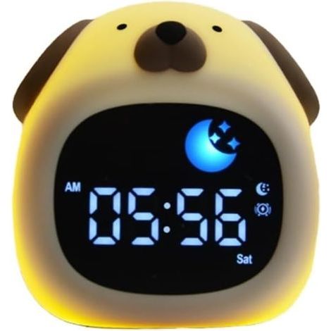 Face Réveil lumineux pour enfants, en forme de chien, avec veilleuse en 8 couleurs, 6 sons blancs, réveil numérique, pour chambre à coucher, pour filles et garçons (1/5)