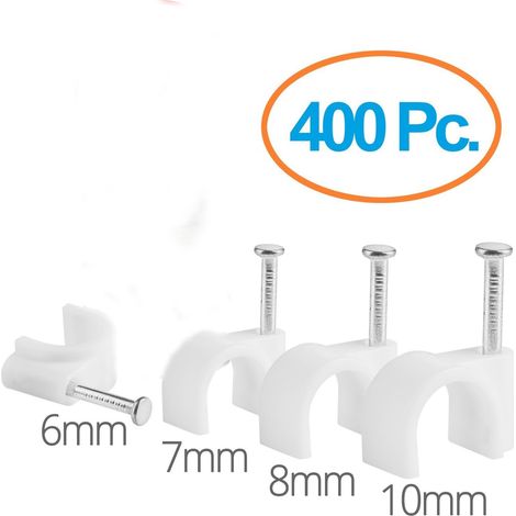 Assortiment de 400 pièces Attaches câbles - Ronde avec ongle en Acier, diamètre de 6mm, 7mm, 8mm, 10mm Couleur Blanc Ensemble Organisateur usable pour Domicile, au Bureau, à l'atelier (1/3)