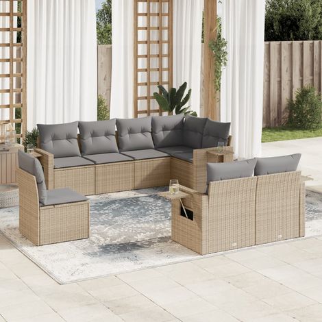 Ensemble de Jardin 8 Places en Résine Tressée Beige avec Coussins Gris - Salon d'Extérieur Modulaire avec Tables d'Appoint (1/5)