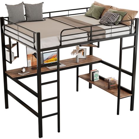 Hochbett Einzelbett mit Schreibtisch, 4 Regalen und Bücherregal 90×200 cm, ohne Matratze, Schwarz Metall (1/5)