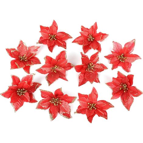 Décoration Sapin De Noël - Fleur À Paillettes - 13 cm - Revêtement Floconneux - Soie - Rouge - Lot De 10 (1/5)
