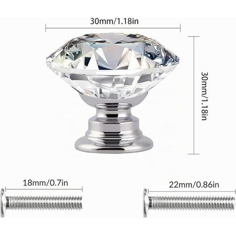 Boutons de meubles en cristal Diamant verre de cristal Bouton d'armoire 30 mm Boutons de placard Bouton de porte Boutons de tiroir Boutons pour commode, meubles, armoire, vis (1/4)