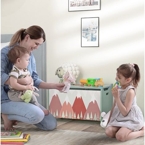 Coffre à jouets pour enfants avec couvercle à charnière de sécurité, motif ludique vert, boîte de rangement robuste en bois pour chambre et salle de jeux  CHICFURN (1/5)