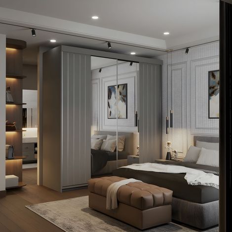 Modern Sliding Wardrobe in 150cm & 200cm with Full-Length Mirror - Grey150cm