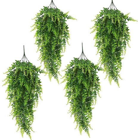 Juego de 4 plantas colgantes artificiales: helecho de Boston, hiedra y enredadera para decoración de interiores y exteriores. (1/4)