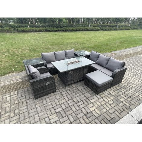 Fimous Rattan Gartenmöbel Set im Balkon Gas Feuerstelle Tisch Liegestühle 3-Sitzer Sofa Sets mit 2 Großer Hockern 2 Beistelltischen 8-Sitzer (1/5)