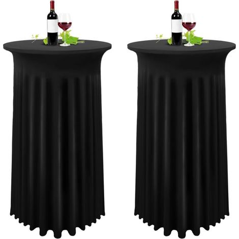 Lot de 2 housses de table haute noir – Nappe extensible en élasthanne 80 x 110 cm – Jupe plissée pour tables rondes 81 x 109 cm
