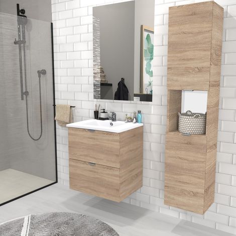Le Quai Des Affaires – Meuble sous vasque 60 cm avec vasque résine et miroir – 2 tiroirs – Décor chêne blanchi – Colonne 2 portes avec niches (1/5)