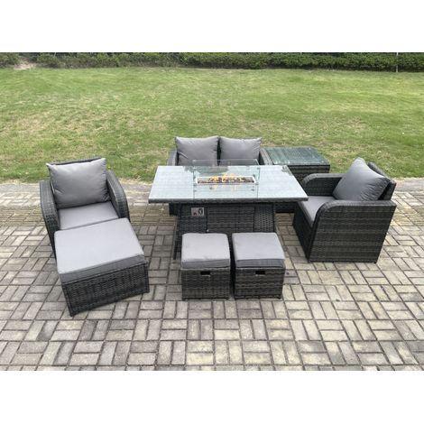 Fimous Rattan Gartenmöbel Set Outdoor Patio Gas Feuerstelle Esstisch und Stühle mit 3 Fußhocker Beistelltisch (1/5)