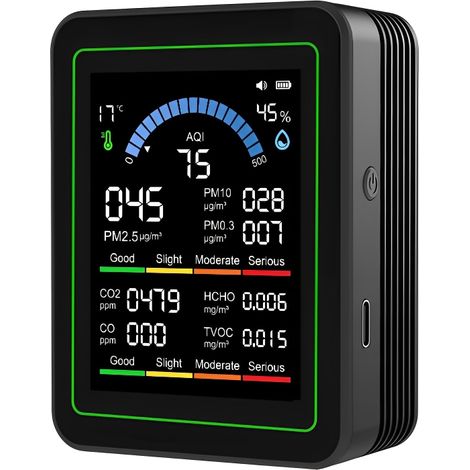 10-in-1 Klimaanlagen-Tester: 2,8-Zoll-TFT-Farbbildschirm, Anzeige von PM2,5/PM10/PM0,3/HCHO/TVOC/CO₂/CO/AIQ/Temperatur/Luftfeuchtigkeit, integrierter 2000-mAh-Akku