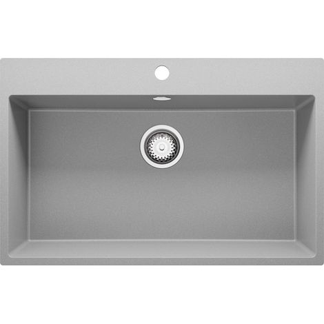 PRIMAGRAN Evier Cuisine en Granit 78x50cm, Lavabo 1 bac + Kit de Vidage, Évier à Encastrer au meuble 80cm - Riga, Gris
