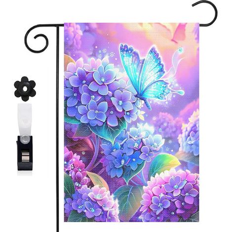Drapeau de jardin bienvenue 30 x 45 cm motif hortensias et papillon élégant toile double face extérieure (1/5)
