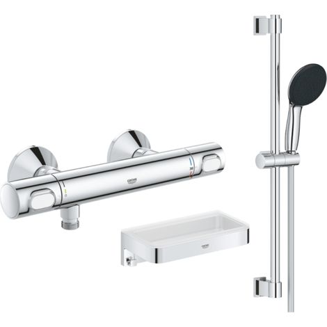 Mitigeur douche thermostatique GROHE Precision Flow + Ensemble de douche Start 2 jets avec barre + Panier douche