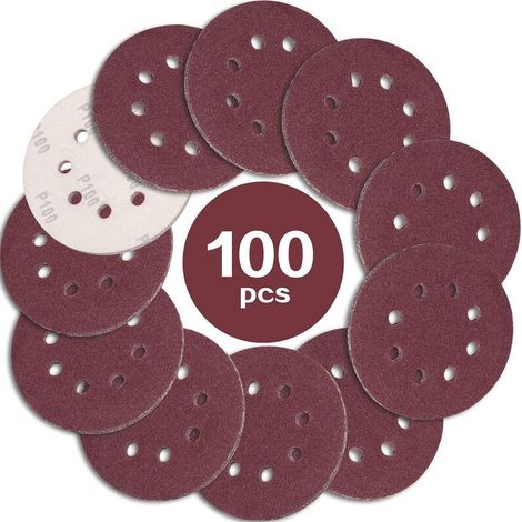 100 discos de lijado de 125 mm, grano 100, discos de lijado de papel abrasivo de 8 orificios, ideales para lijar/pulir con lijadoras orbitales aleatorias. (1/5)