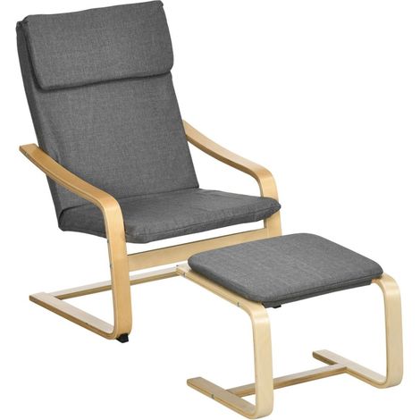 Fauteuil avec repose-pieds ensemble fauteuil aspect lin bois massif gris et naturel (1/3)