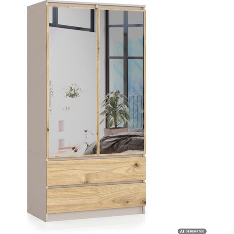 Armario con espejo integrado S90 Cashmere 90 cm 2 puertas 2 cajones Color de los frontales Roble Artisan 4 estantes 90x51x180 cm (1/5)