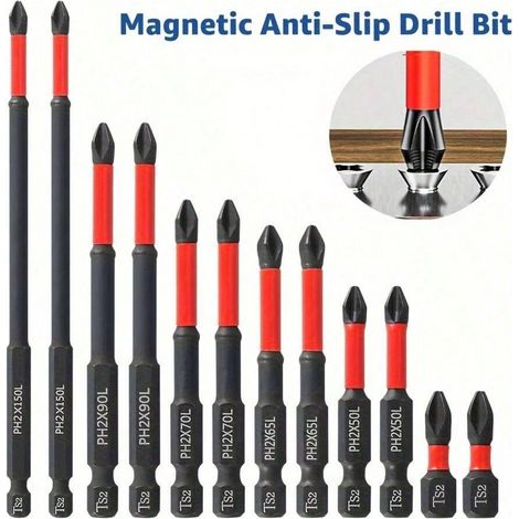 Set de 12 forets anti-dérapants professionnels, forets pour perforateur à impact S2, tige hexagonale 1/4, adaptés aux tournevis électriques et manuels, support magnétique, 12pcs (1/5)