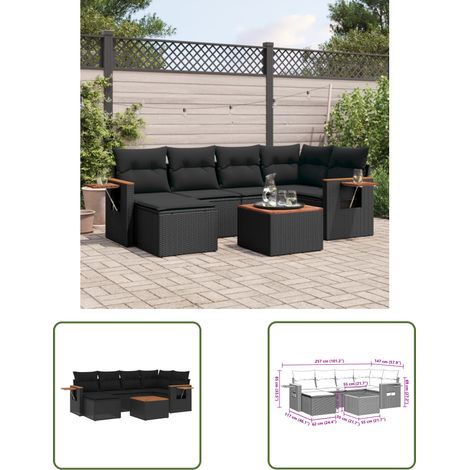The Living Store 7-tlg. Garten-Sofagarnitur mit Kissen Schwarz Poly Rattan - Gartenmöbel Set - Esszimmergarnitur - Outdoor Möbel - Lounge Sofa - Rattan Gartenmöbel (1/3)