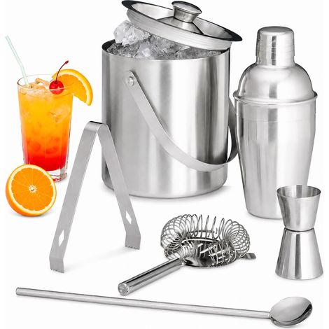7-piece cocktail set for home bartenders, includes shaker with strainer, ice tongs, jigger, ice bucket, and spoon (1/5)