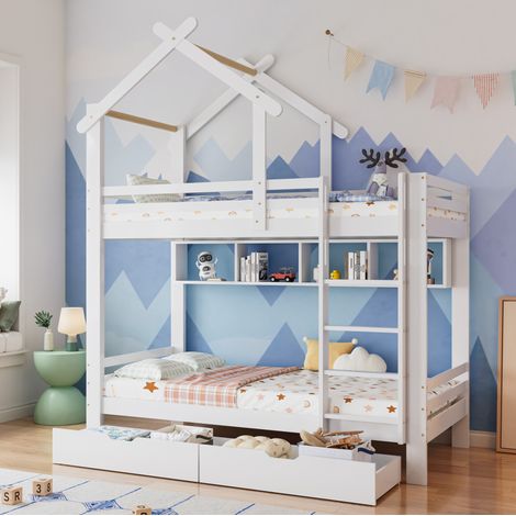 Cama litera casita 90x200 cm con cajones y estantes, de madera maciza y MDF blanco, con escalera en ángulo y barandillas (1/5)