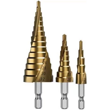 QORVA-3PCS Foret Fraise Meche Etage, HSS Inox Metal, 4-12/20/32mm, Triangle Conique Titane, avec Tige Hexagone, Pour Visseuse Percage sur Acier, Laiton, Bois, Plastique
