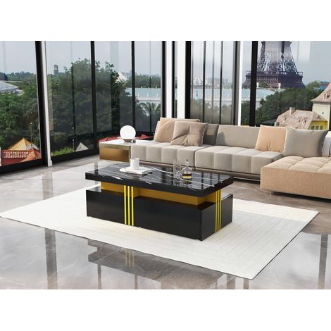Table basse noire 100x50 cm effet marbre, finition brillante, 2 tiroirs, meuble salon moderne avec détails dorés (1/5)