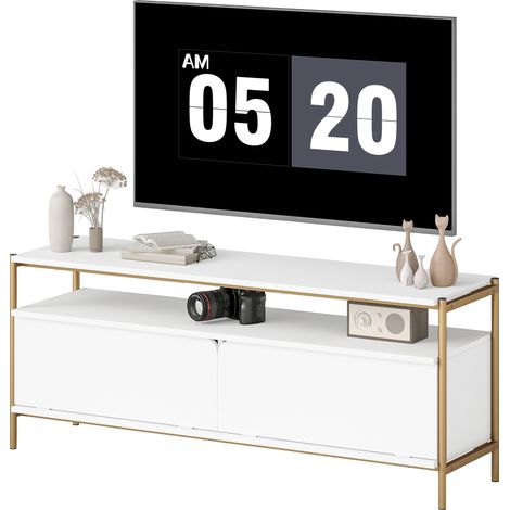 Mobile porta TV per televisori fino a 55 pollici con 2 ante a ribalta e ripiano aperto, 124x35x50 cm, bianco.