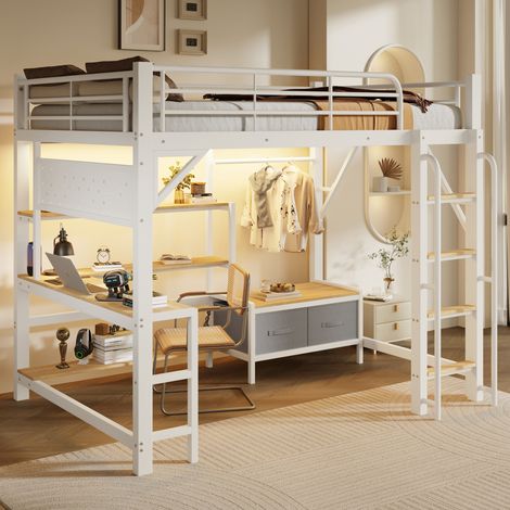 Cama alta, 140 x 200 cm, estructura de hierro, panel perforado, varios estantes, cajones de tela, escritorio, con puerto USB, barra de seguridad, barra para colgar ropa, con tira de luz LED, sin colch (1/5)