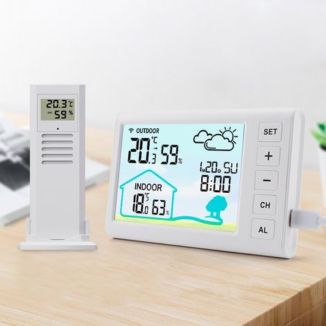 Wireless weather station for indoor and outdoor use, temperature display, clock, alarm, adjustable backlight (1/5)