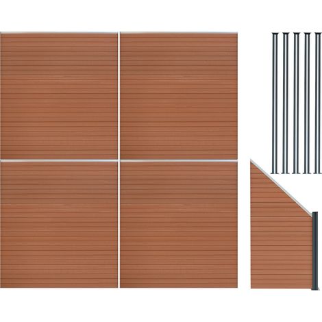 Pannelli Recinzione x4, Elemento Angolare & 6 Pali Metallo 185cm x 772cm LED Solare Recinzione Doppia Faccia Marrone in Legno Composito per Giardino Esterno, Privacy e Design Moderno