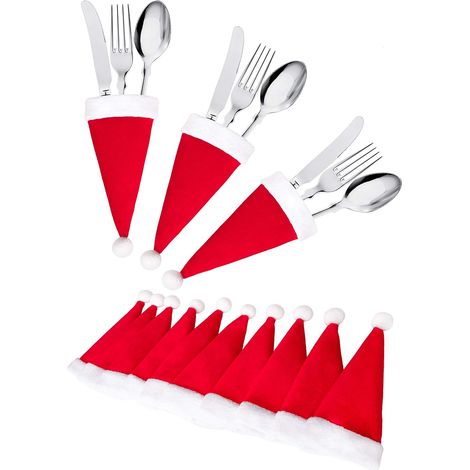 Santa Hat Silverware Holder - 32 Pcs Christmas Table Decoration - Cutlery Cover For Fork Spoon Knife - Festive Dinner Party Supply (1/5)