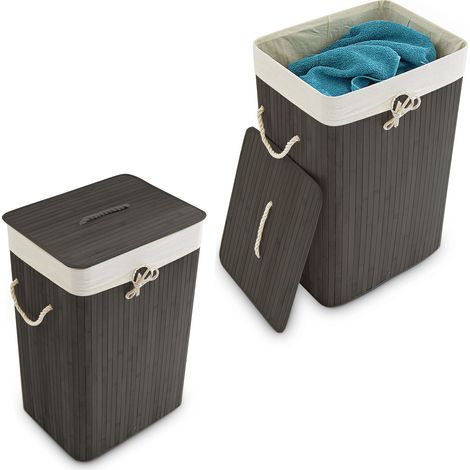 Relaxdays, Set 2x Bamboo Laundry Basket, with Lid, Rectangular, XL, 83L, Foldable Bin, HWD: 65.5 x 43.5 x 33.5cm, Black