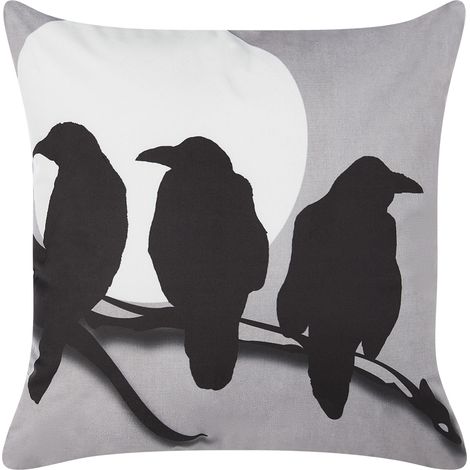 Cojín de terciopelo gris negro blanco 45 x 45 cm patrón cuervos otoño Oradea (1/5)