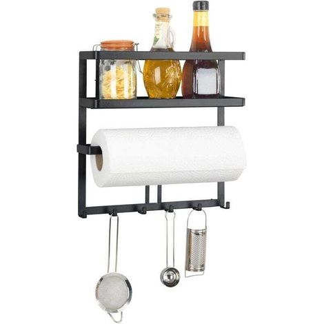 Etagère Cuisine multifonction Gala , Etagère métal noir avec distributeur sopalin mural et crochets suspension ustensiles de cuisine, Métal, 30x33x9 cm, Noir