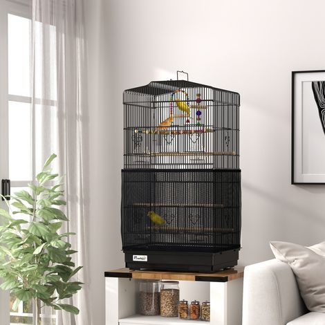 Cage oiseaux poignée Bois plateau extractible perchoirs balançoire bols noire 46,5x35,5x92 cm
