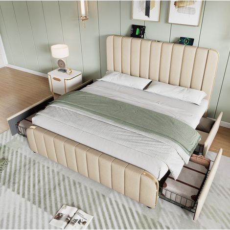 lit adulte rangement 4 tiroirs 160x200 USB lin beige HAVRYA (1/5)