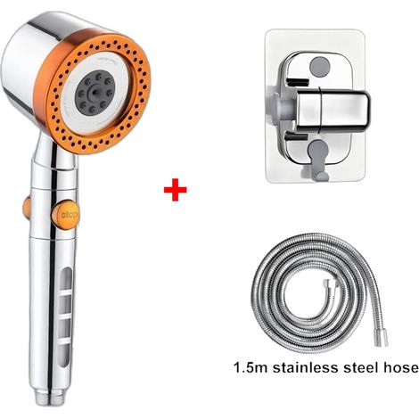 (Ensemble orange) Pommeau de douche 5 modes de jet, économe en eau, en ABS, douchette portable de style spa, grand débit, filtre pour salle de bain, ensemble de buses pour robinet de douche (1/5)