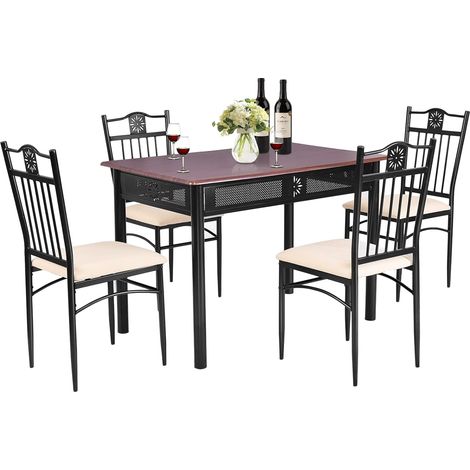 COSTWAY Table à Manger avec 4 Chaises, Ensemble Table et 4 Chaises Rembourrées, Cadre en Métal, Table Cuisine Rectangulaire 107x70cm pour Salle à Manger, Cuisine, Salon, (Purple) (1/5)