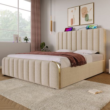 lit adulte coffre rangement double 160x200 lin beige OKMYHOME (1/5)