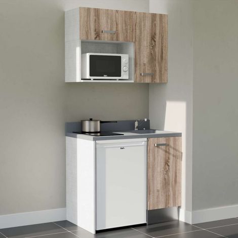 Kitchenette K00L - 100 cm - plan monobloc évier intégré Cromo- évier à droite - Façades Bois + Electroménager inclus coloris Blanc