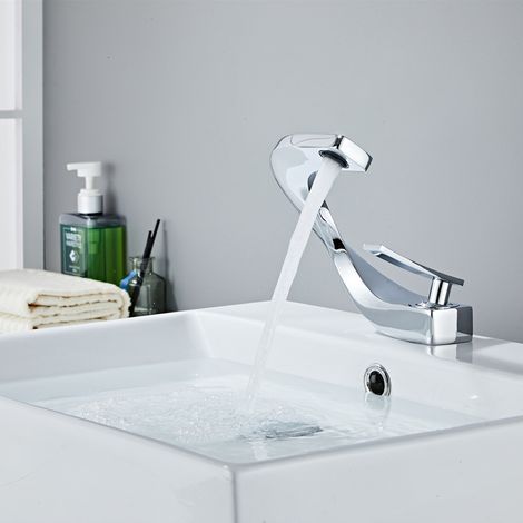 Grifo monomando moderno tipo cascada para lavabo, control de temperatura/caudal, acabado dorado resistente a las huellas dactilares, grifo para baño. (1/5)