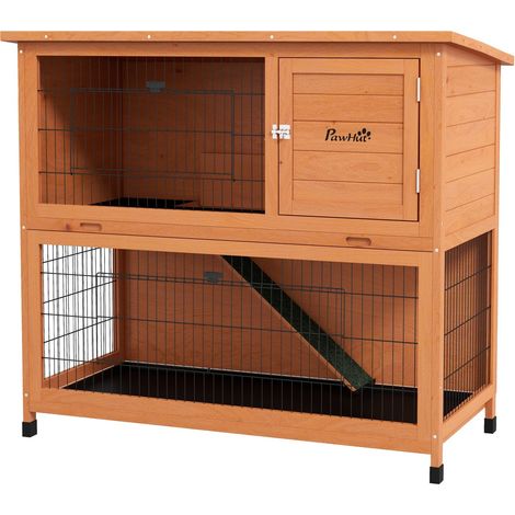 Kaninchenstall Aus Holz 2-Stöckiger Kleintierstall Kleintierkäfig Mit Paletten, Rampe Mit Außengehege Asphaltdach Für 2 Kaninchen Orange